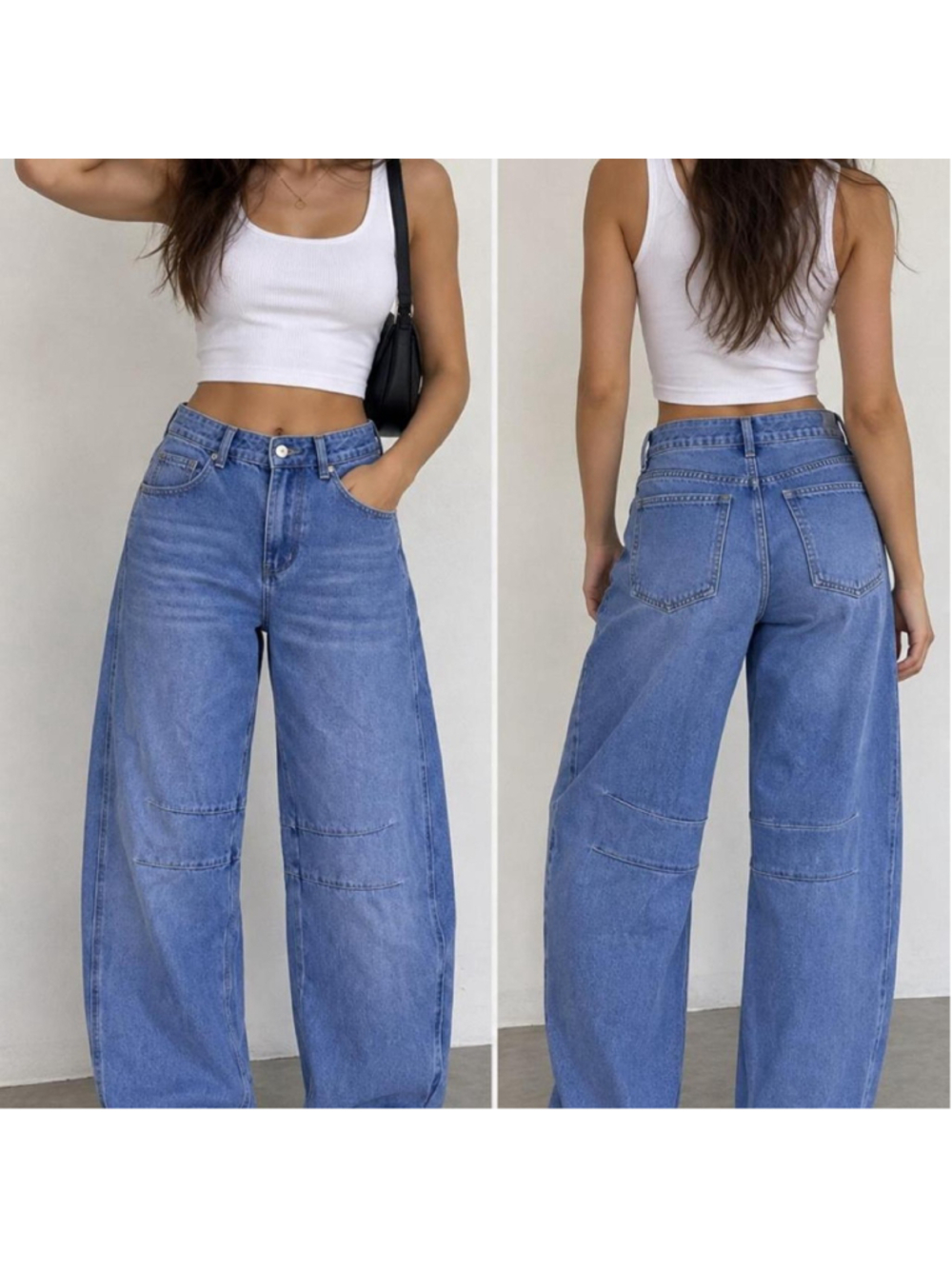 Y2K Barrel Leg Jeans Small Dark Blue Baggy Knee Panel
Small